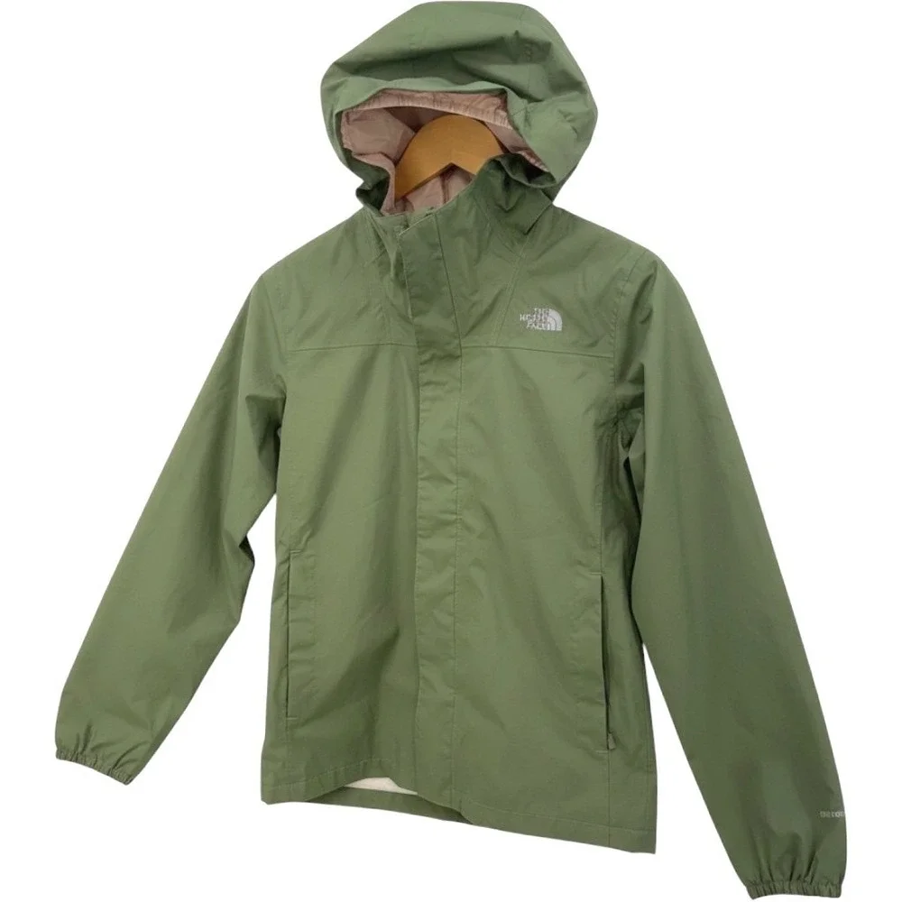 The North Face Girls Large Green DryVent Hooded Rain Jacket Pink Lining L 14/16